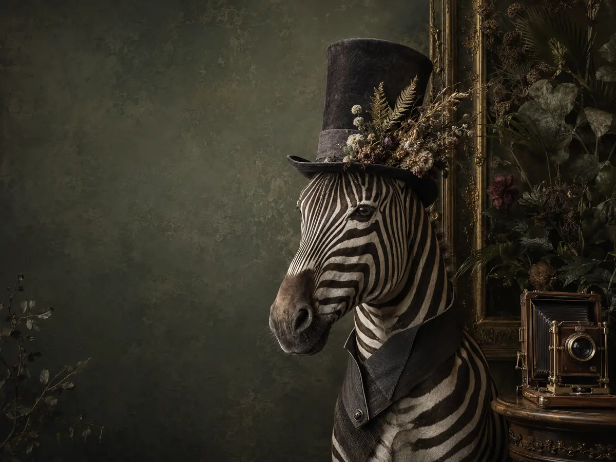 Dignified zebra in a botanical top hat beside a vintage camera