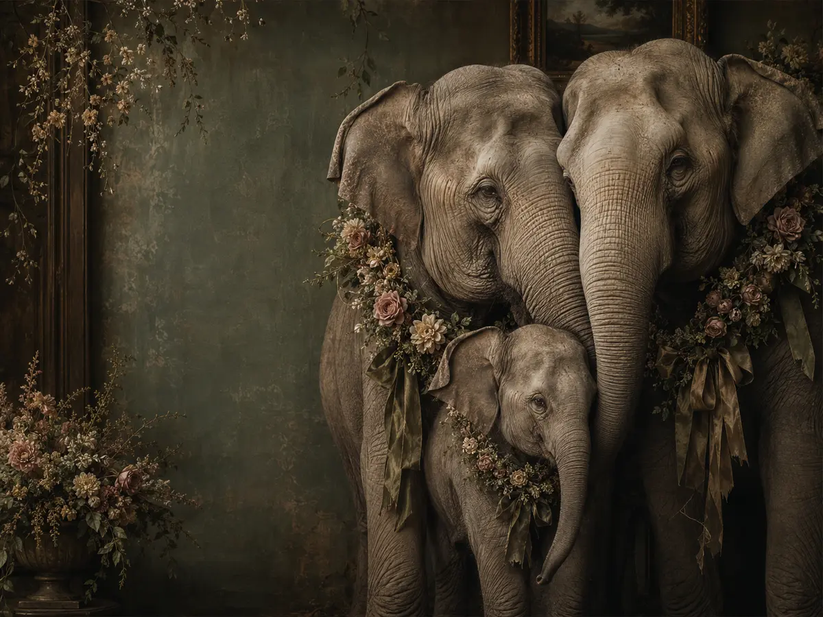Two adult elephants and a calf in a botanical family portrait