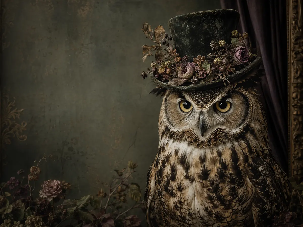 Regal owl in a floral top hat in a Victorian fine-art portrait