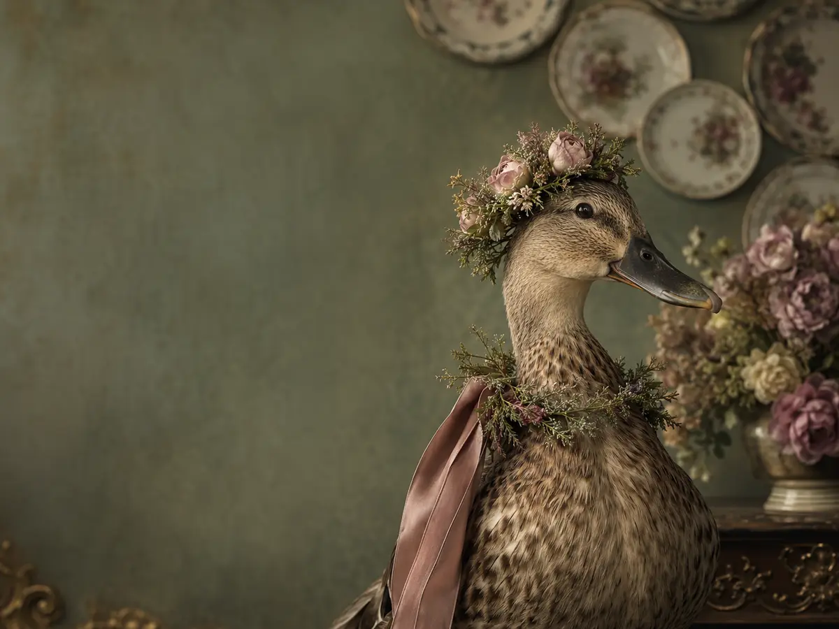 Elegant duck in a floral crown and dusty-rose ribbon