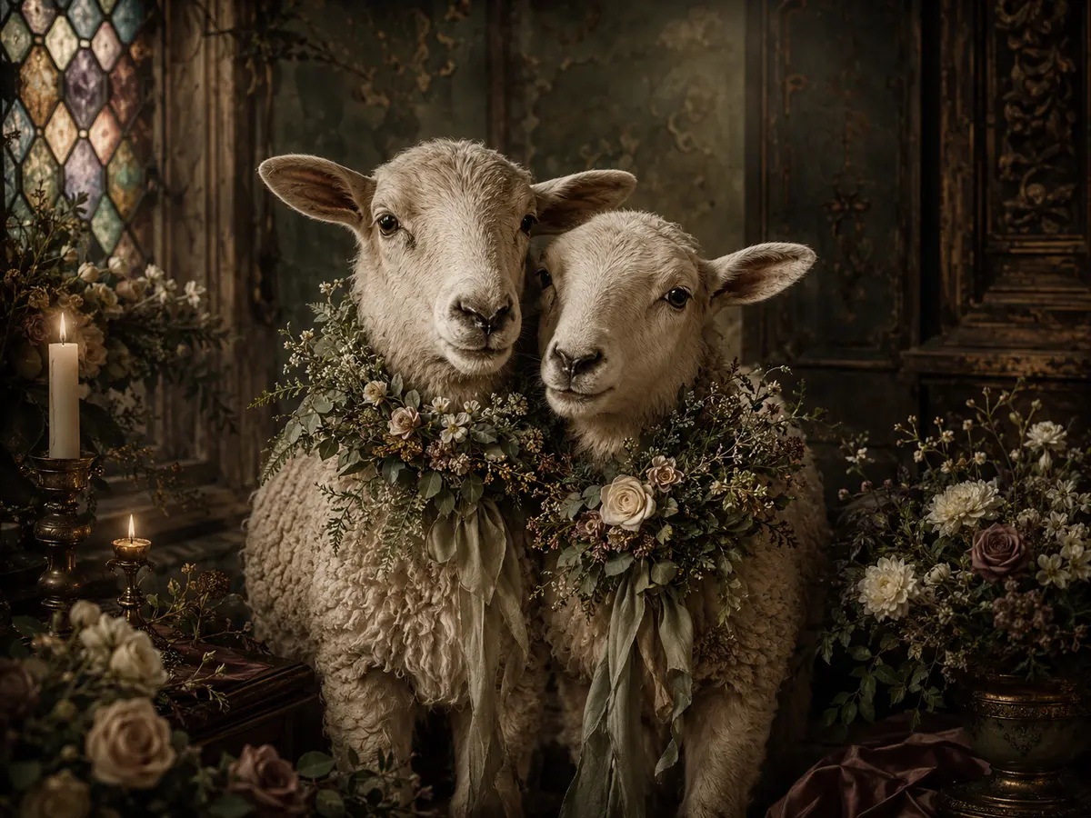 Two lambs in a warm candlelit botanical ceremonial setting