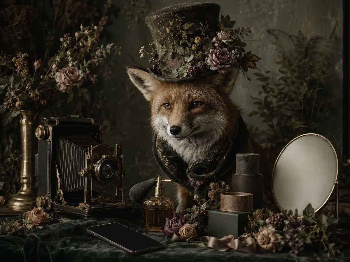 Whimsical fox with a vintage camera and styled brand details