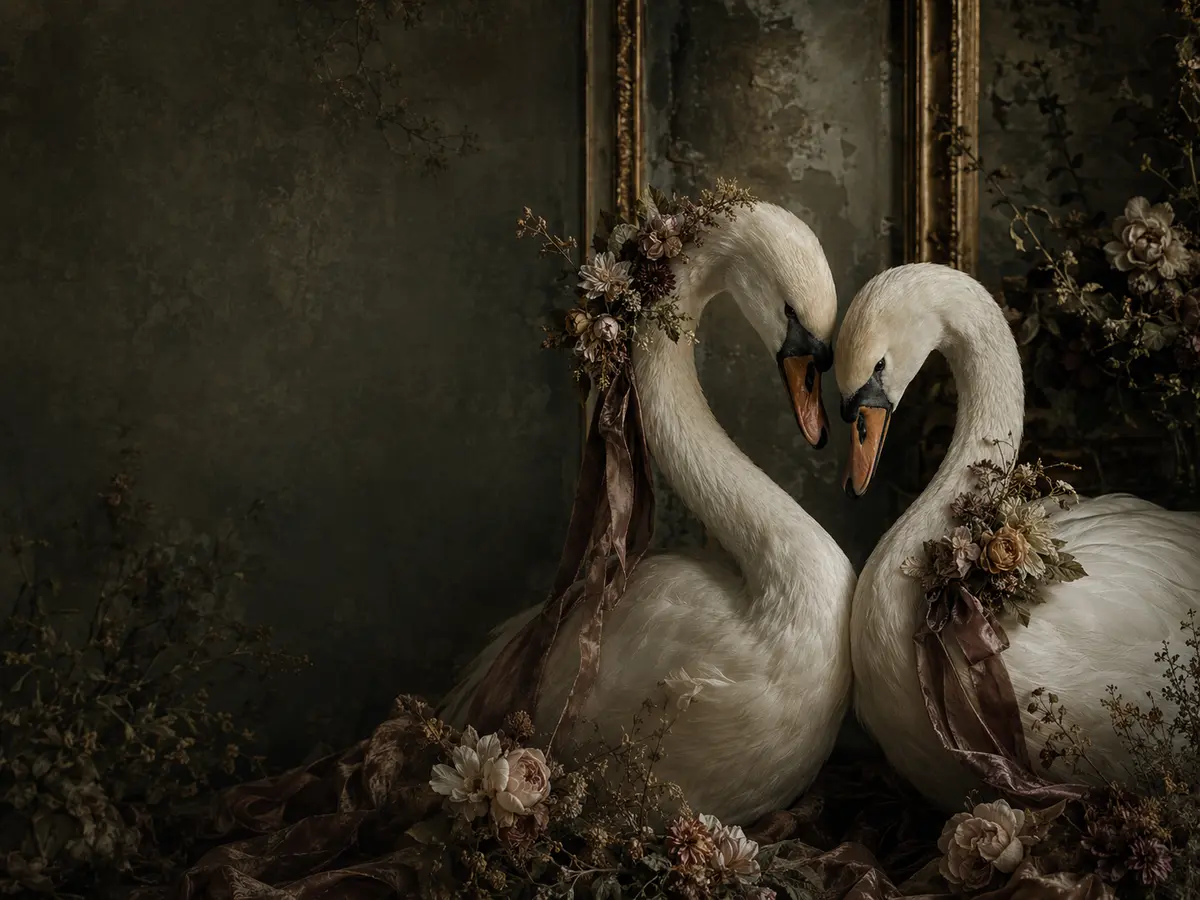 Two elegant swans in a Victorian botanical portrait